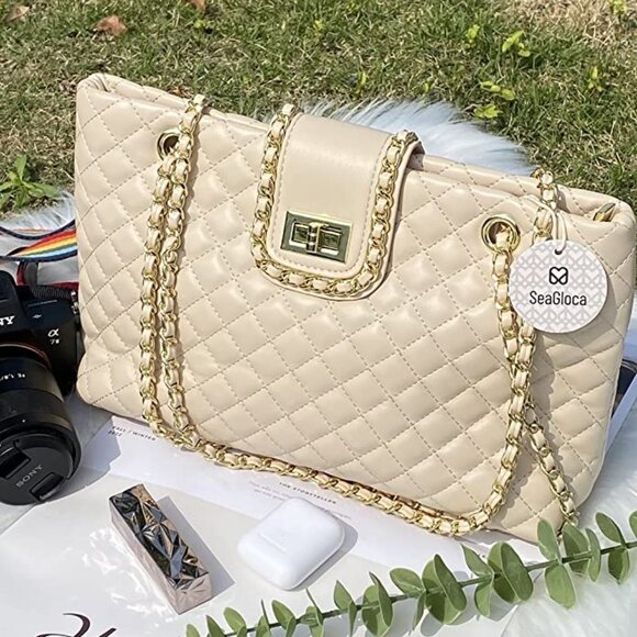 Quilted Double Strap Large Tote Bag Shoulder Bag Hobo Tote Handbag - Picture 3 of 5